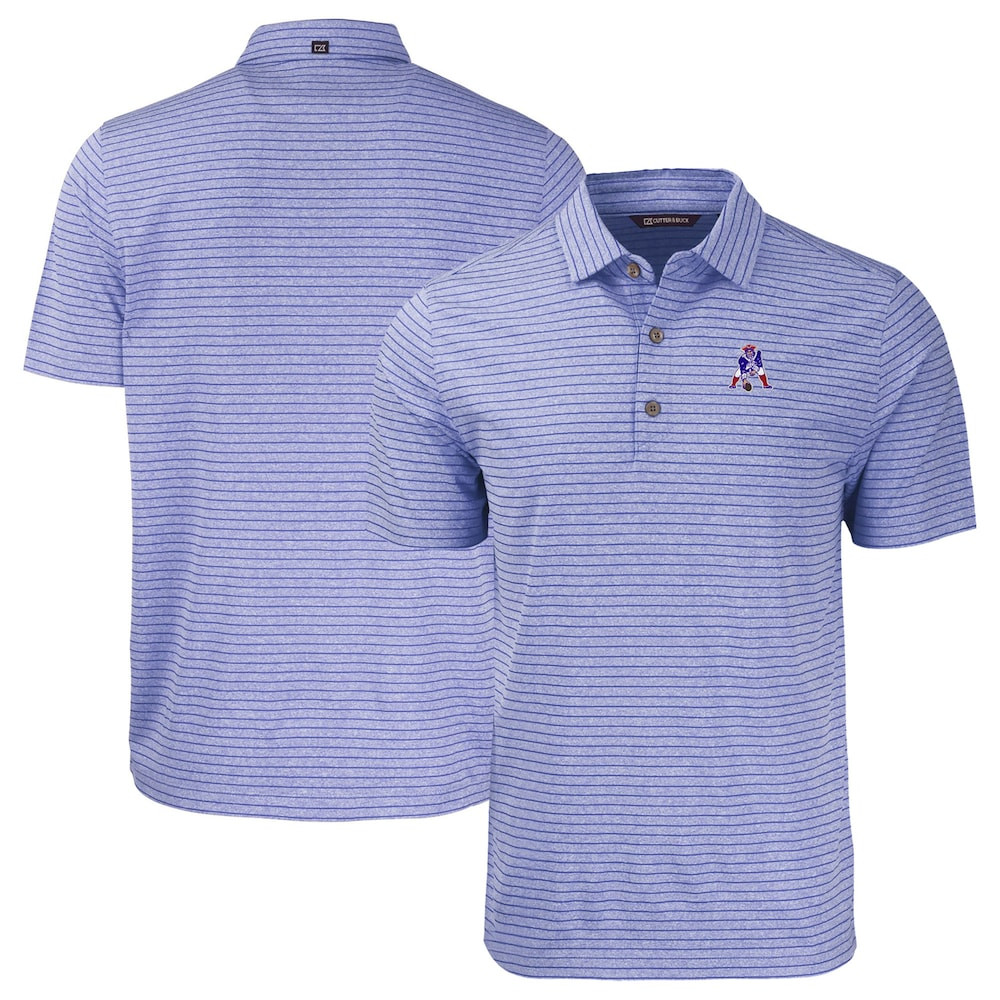 New England Patriots Merch - Men's Heather Royal Throwback Forge Eco Heather Stripe Stretch Recycled Polo - Cutter & Buck - Football Fan Gear