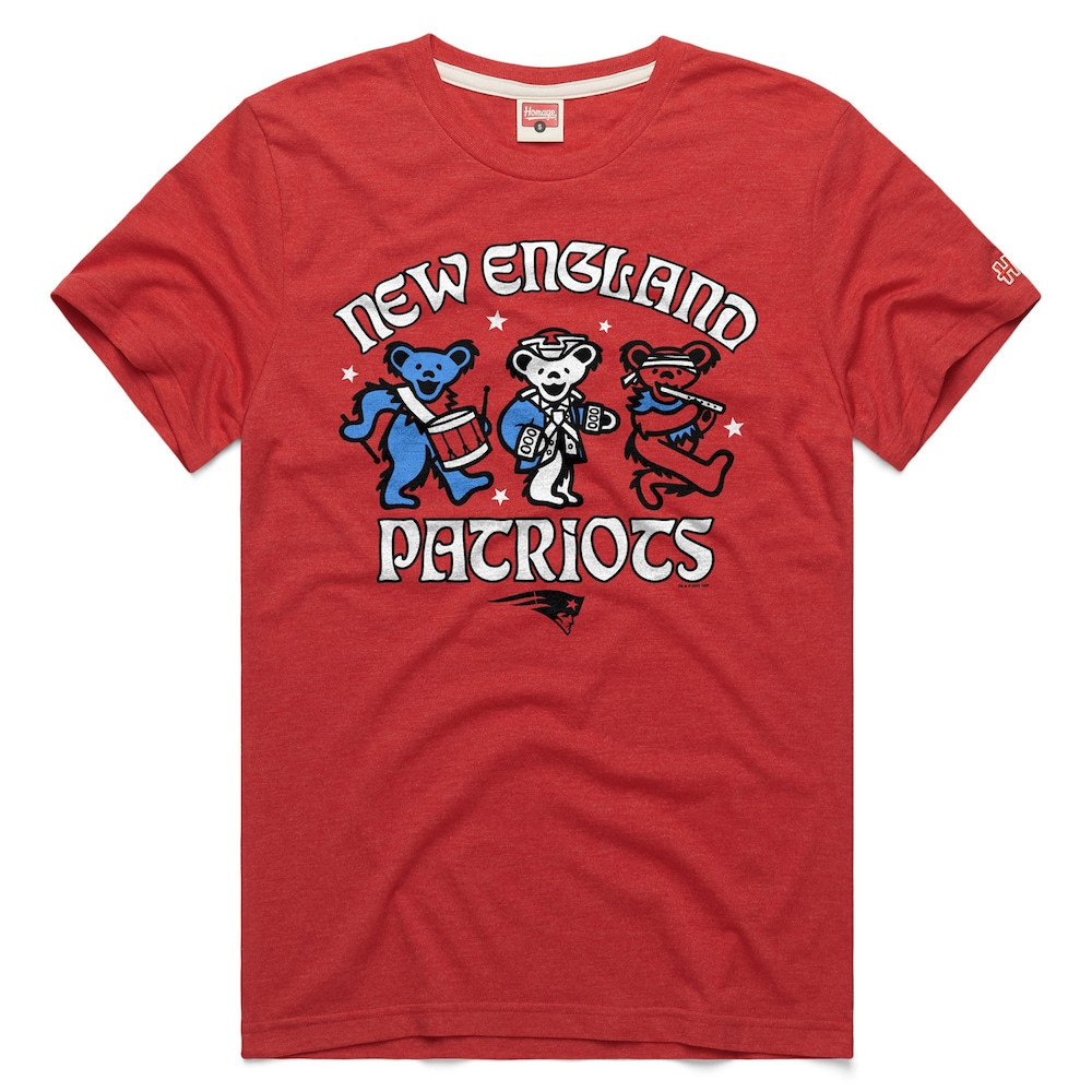 New England Patriots Merch - Men's Homage NFL x Grateful Dead T-Shirt, Red - Football Fan Present Ideas