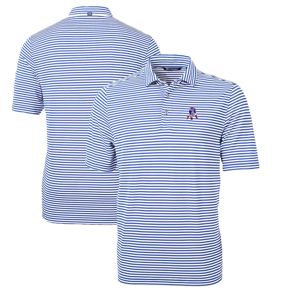 New England Patriots Merch - Men's Throwback Logo Virtue Eco Pique Stripe Recycled Polo, Blue - Cutter & Buck - Best Football Christmas Gifts