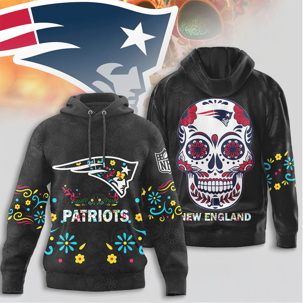 New England Patriots NFL Sugar Skull Day Of The Dead Black Hoodie NE Patriots Merch Best Gifts - Image 2