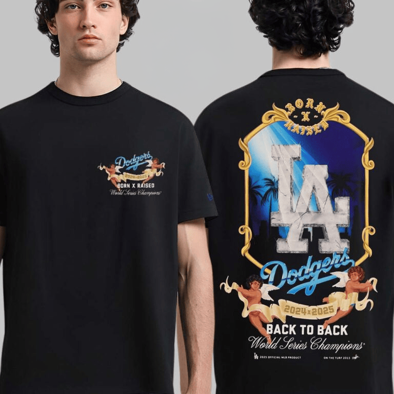 New Era Los Angeles Dodgers X Born x Raised Angels Back To Back T-Shirt Gifts For Baseball Fans