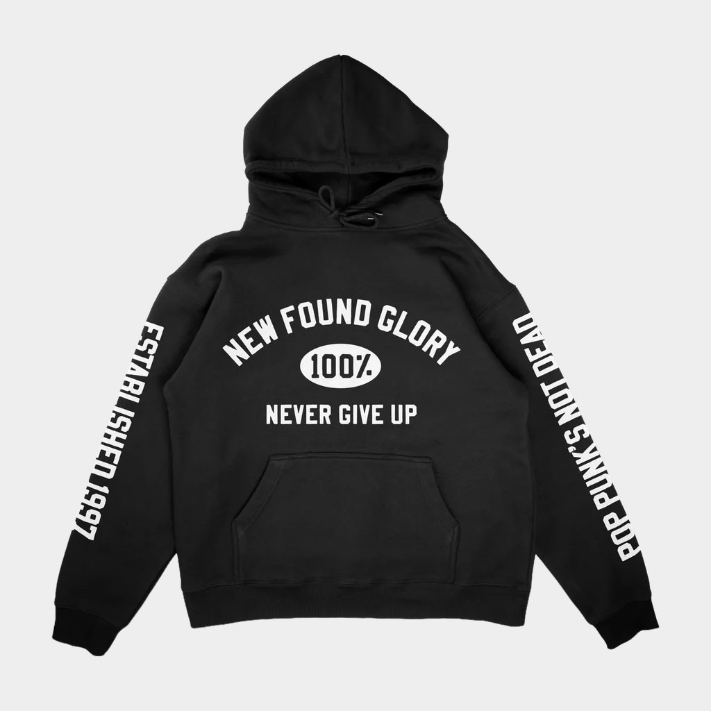 New Found Glory Merch 2026 Never Give Up Varsity Hoodie Black Presents For Rock Lovers