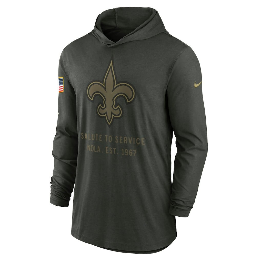 New Orleans Saints 2025 Salute to Service Sideline Dri-FIT Lightweight Hooded Pullover - Forest Green - Image 2