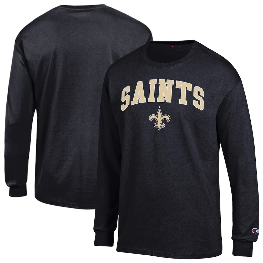 New Orleans Saints Merch - Men's Champion Arch Over Logo Long Sleeve T-Shirt, Black - Good Gifts For Football Fans