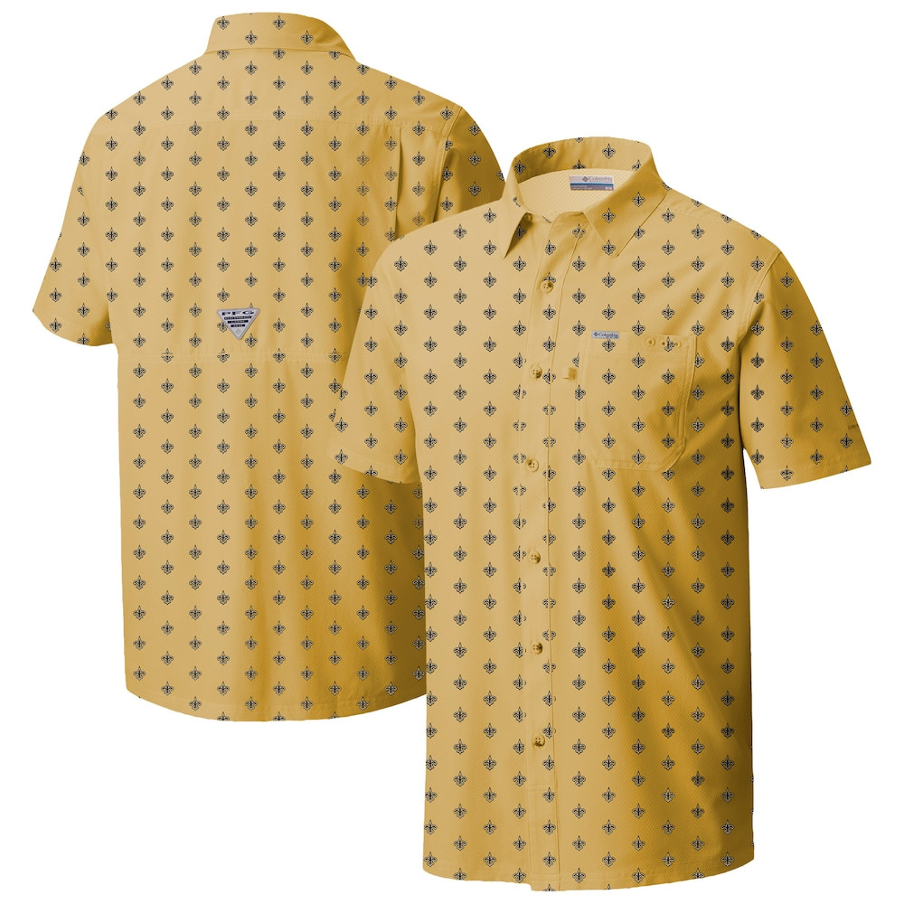 New Orleans Saints Merch - Men's Columbia Super Slack Tide Omni-Wick Micro Print Button-Up Shirt, Gold - Presents For Football Lovers