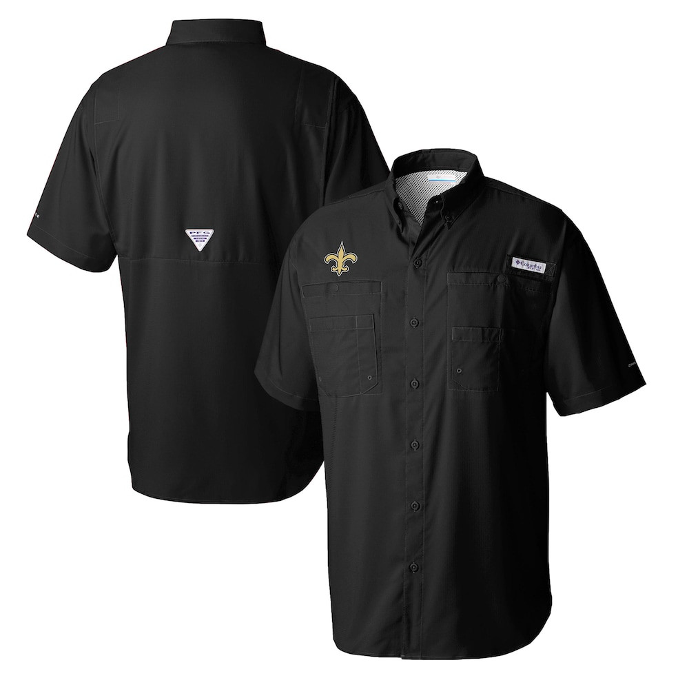 New Orleans Saints Merch - Men's Columbia Tamiami Omni-Shade Button-Down Shirt, Black - Best Football Gifts For Adults