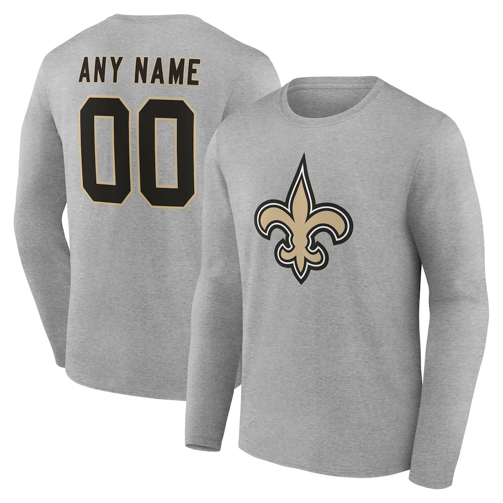 New Orleans Saints Merch - Men's Gray Team Authentic Personalized Name & Number Long Sleeve T-Shirt - Best Gifts For Football Fans