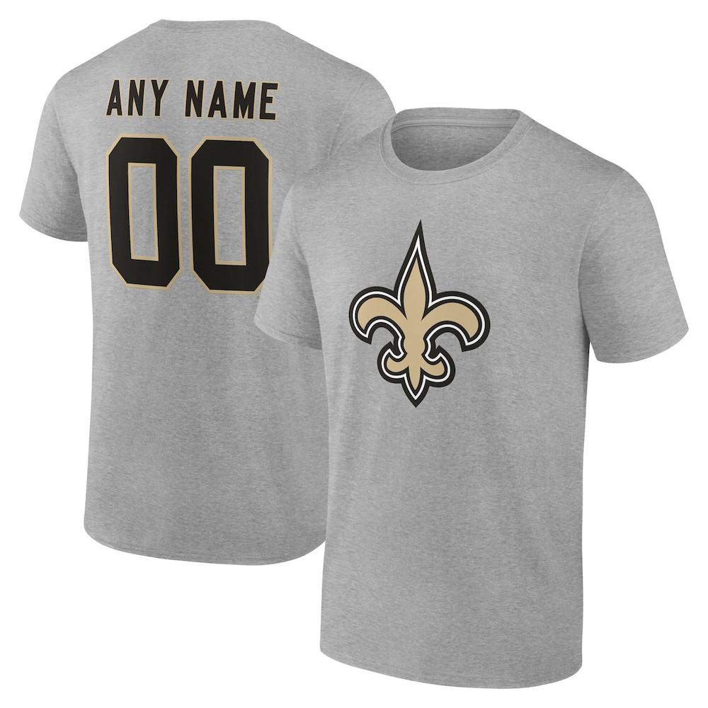 New Orleans Saints Merch - Men's Gray Team Authentic Personalized Name & Number T-Shirt - American Football Fan Gifts