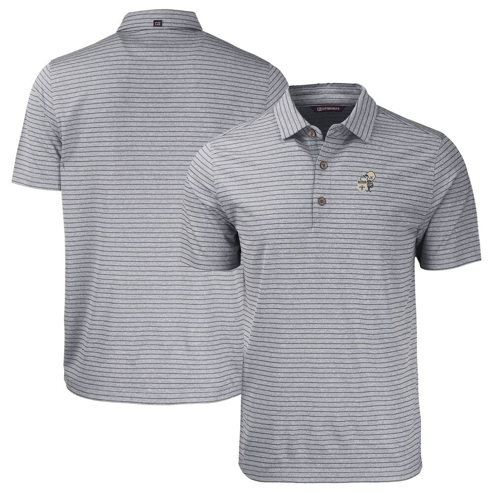 New Orleans Saints Merch - Men's Heather Throwback Forge Eco Heather Stripe Stretch Recycled Polo, Black - Cutter & Buck - Good Gifts For Football Fans