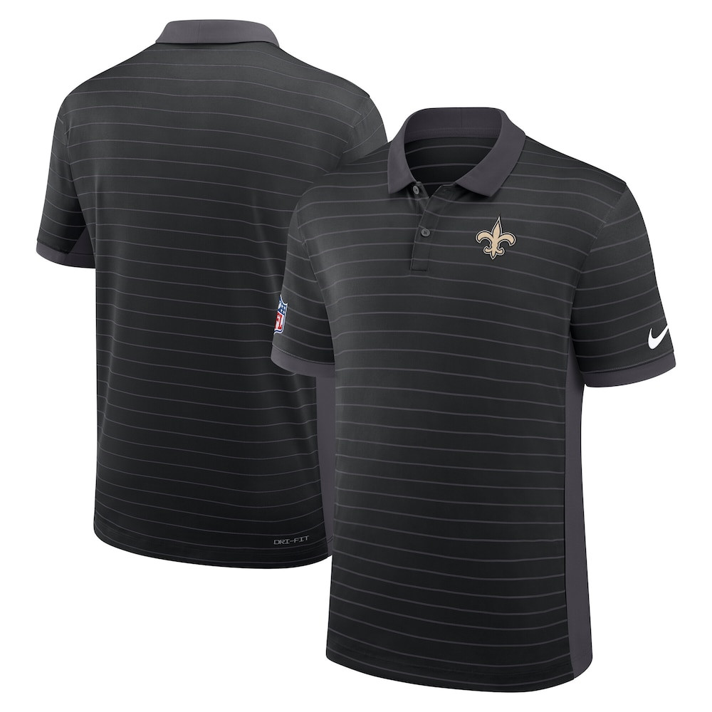 New Orleans Saints Merch - Men's Sideline Victory Stripe Dri-FIT Polo, Black  - Football Christmas Gift Ideas