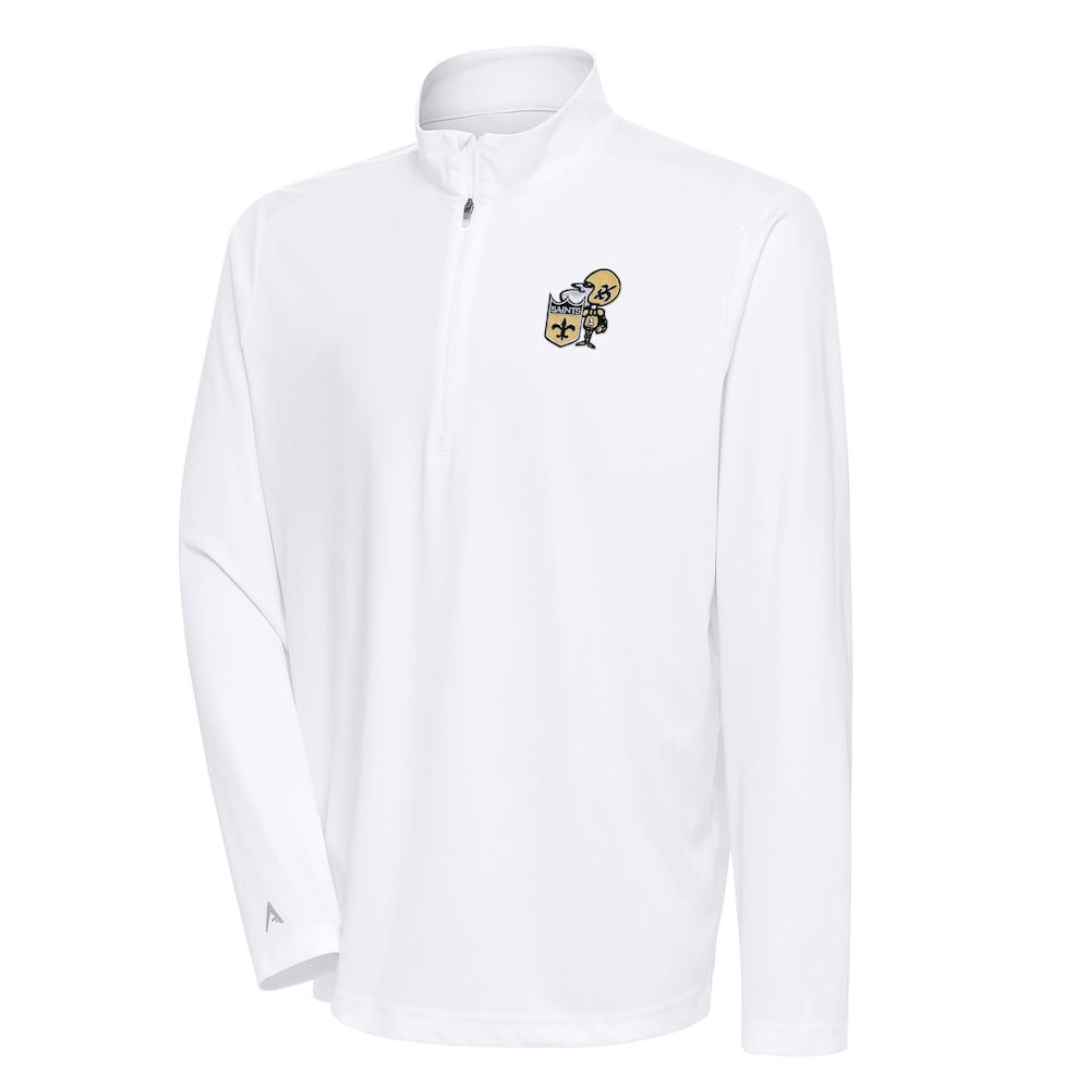 New Orleans Saints Merch - Men's Team Logo Throwback Tribute Quarter-Zip Pullover Top, White - Antigua - Good Football Gifts