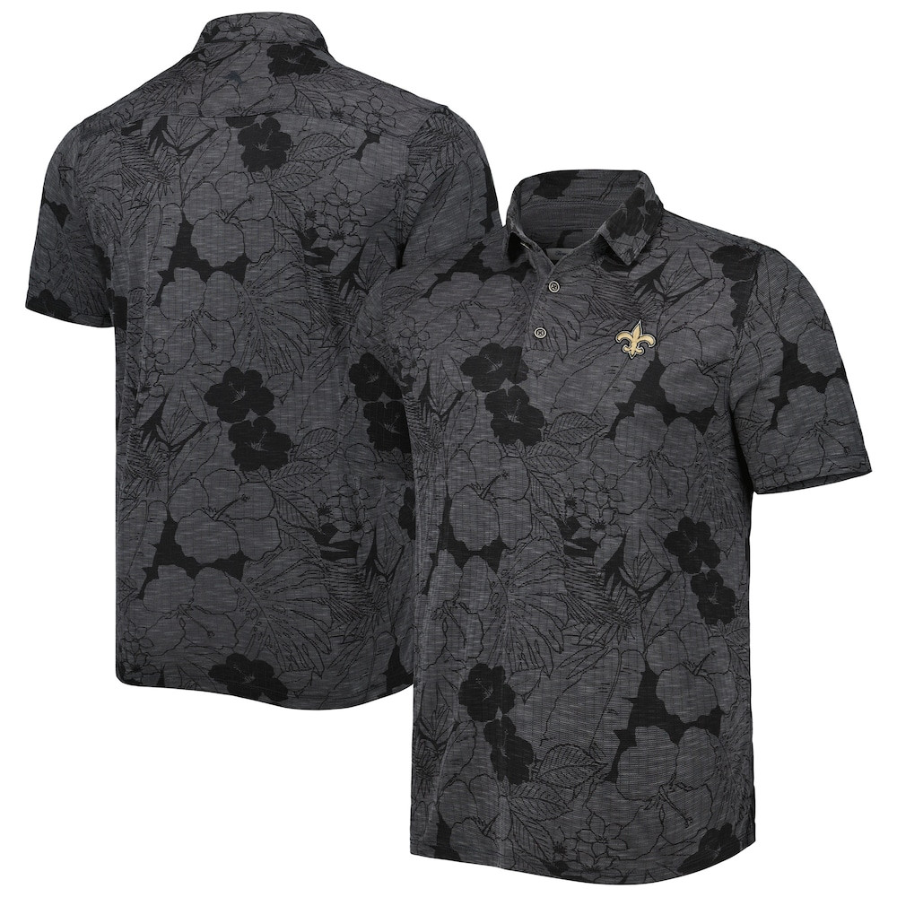 New Orleans Saints Merch - Men's Tommy Bahama Miramar Blooms Polo, Black - Football Gifts For Him