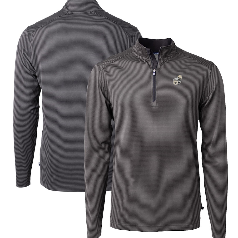 New Orleans Saints Merch - Men's Virtue Eco Pique Micro Stripe Quarter-Zip Jacket, Big & Tall, Black - Cutter & Buck - American Football Christmas Gifts