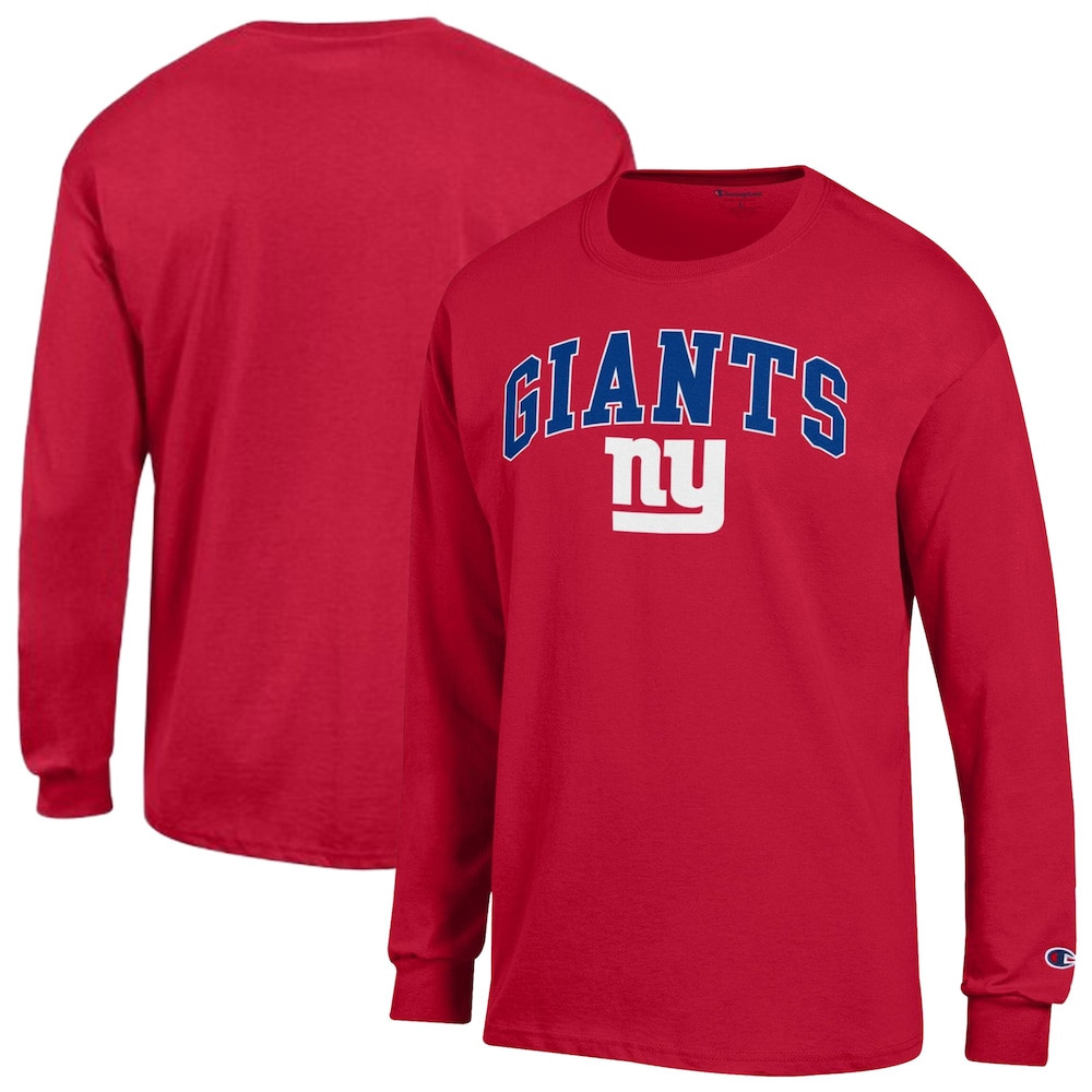 New York Giants Merch - Men's Champion Arch Over Logo Long Sleeve T-Shirt, Red - American Football Fan Gifts