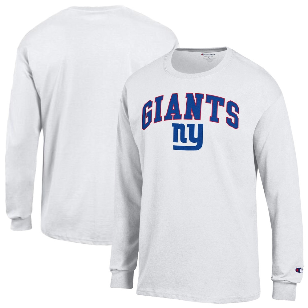 New York Giants Merch - Men's Champion Arch Over Logo Long Sleeve T-Shirt, White - Presents For Football Fans