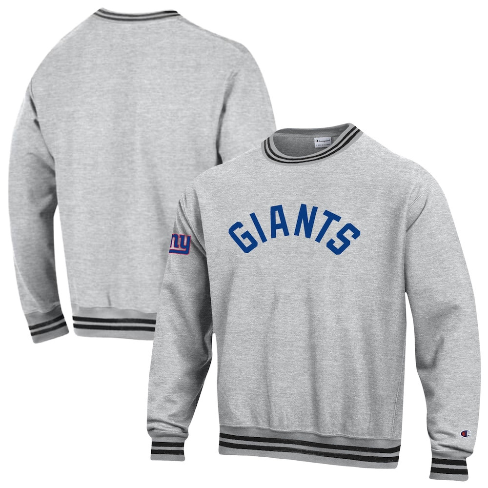 New York Giants Merch - Men's Champion Reverse Weave Yarn Dye Sweatshirt, Heather Gray Red - Best Football Gifts For Christmas