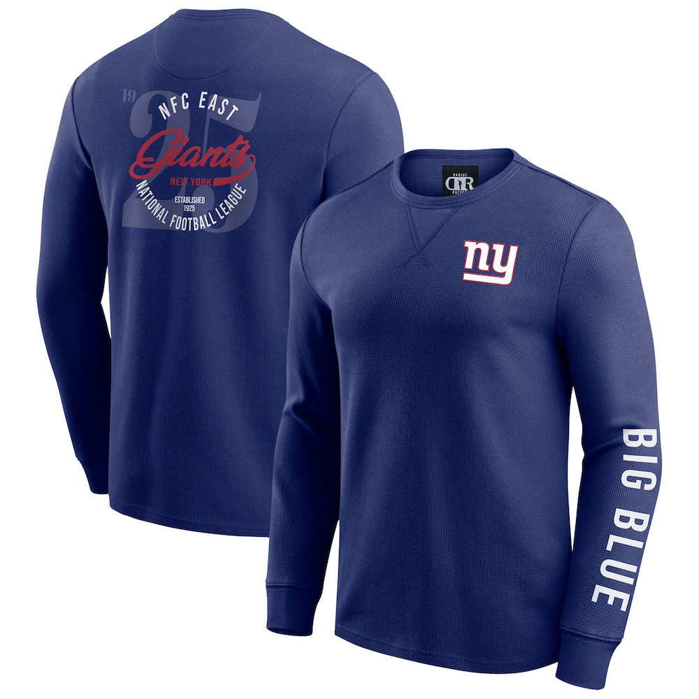 New York Giants Merch - Men's Darius Rucker Collection by Fanatics Royal Washed Waffle-Knit Long Sleeve T-Shirt - Football Fan Present Ideas