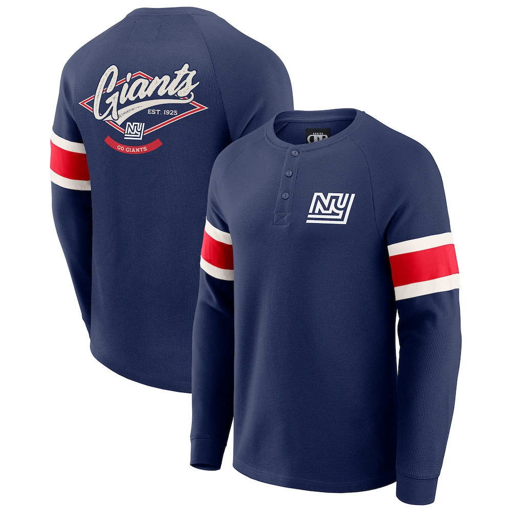 New York Giants Merch - Men's Darius Rucker Collection by Fanatics Waffle-Knit Raglan Long Sleeve Henley T-Shirt, Navy - Gift For Football Fans