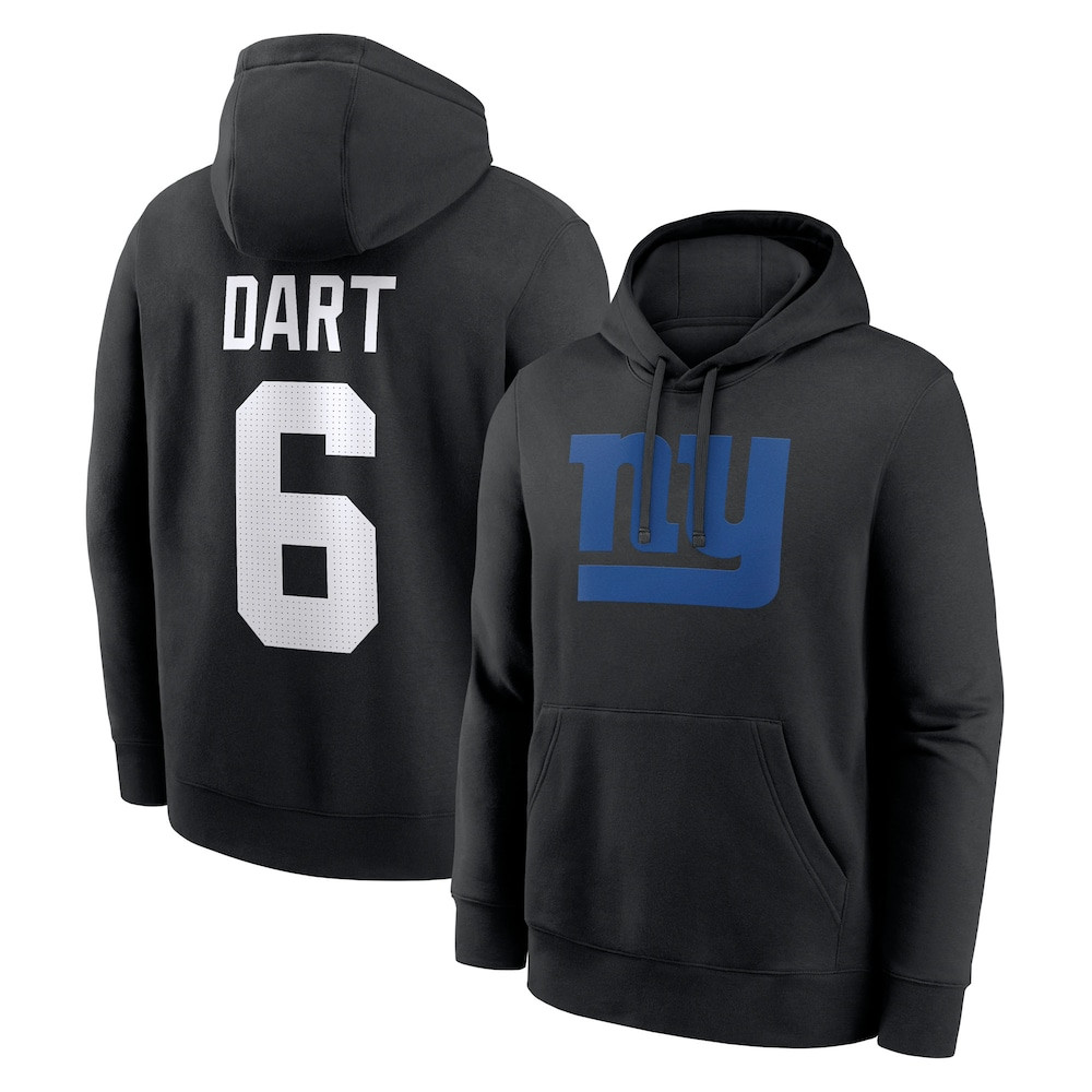 New York Giants Merch - Men's Jaxson Dart Player Name & Number Fleece Hoodie, Black - Football Lover Presents