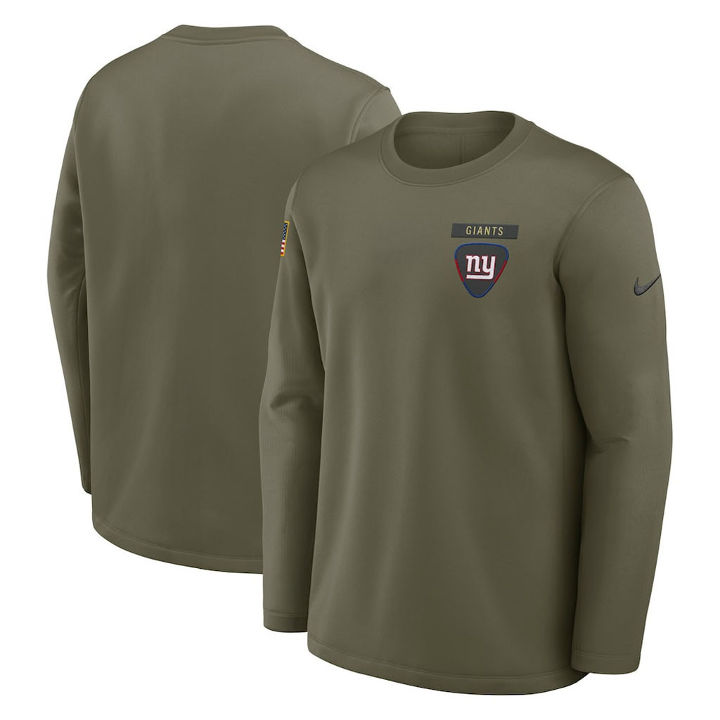 New York Giants Merch - Men's Olive 2025 Salute to Service Sideline Coaches Therma-FIT Long Sleeve Shirt - Football Fan Gear