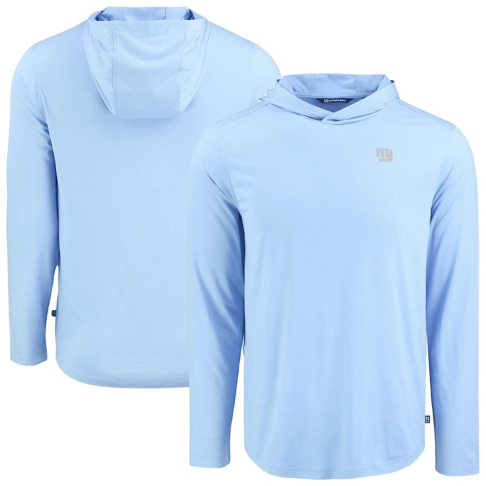New York Giants Merch - Men's Powder Coastline Epic Comfort Eco Recycled Hooded Shirt, Blue - Cutter & Buck - Best Birthday Gift For Football Lovers