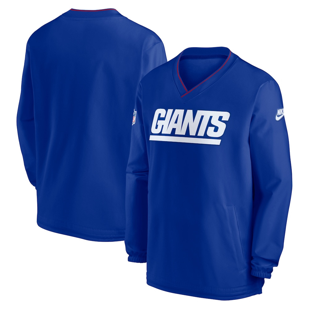 New York Giants Merch - Men's Royal 2024 Sideline Throwback Logo Long-Sleeve V-Neck Windshirt - Gifts For American Football Fans