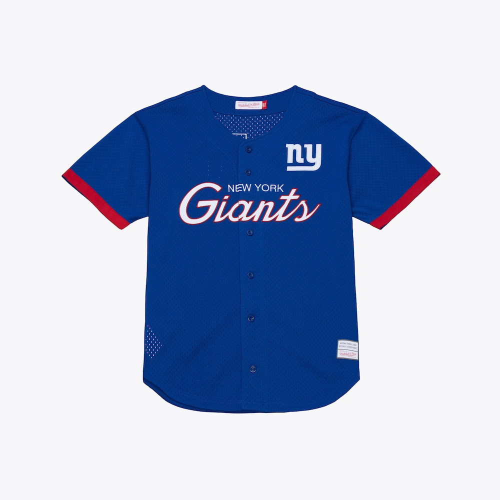New York Giants Merch - Men's Royal Head Coach Mesh Full-Button Fashion Jersey - Mitchell & Ness - Football Related Gift Ideas