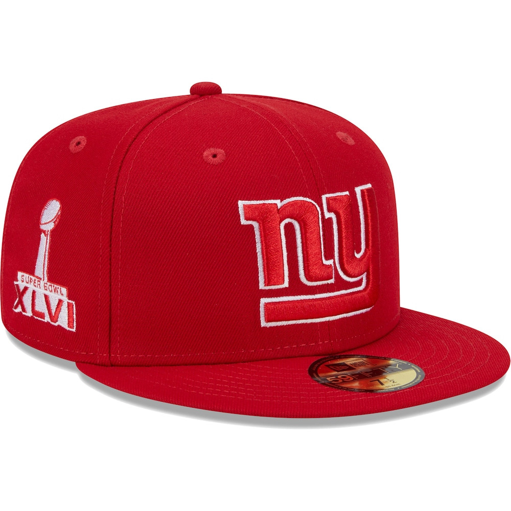 New York Giants Merch - Men's Scarlet Super Bowl XLVI Main Patch 59FIFTY Fitted Hat - New Era - Birthday Ideas For Football Fan