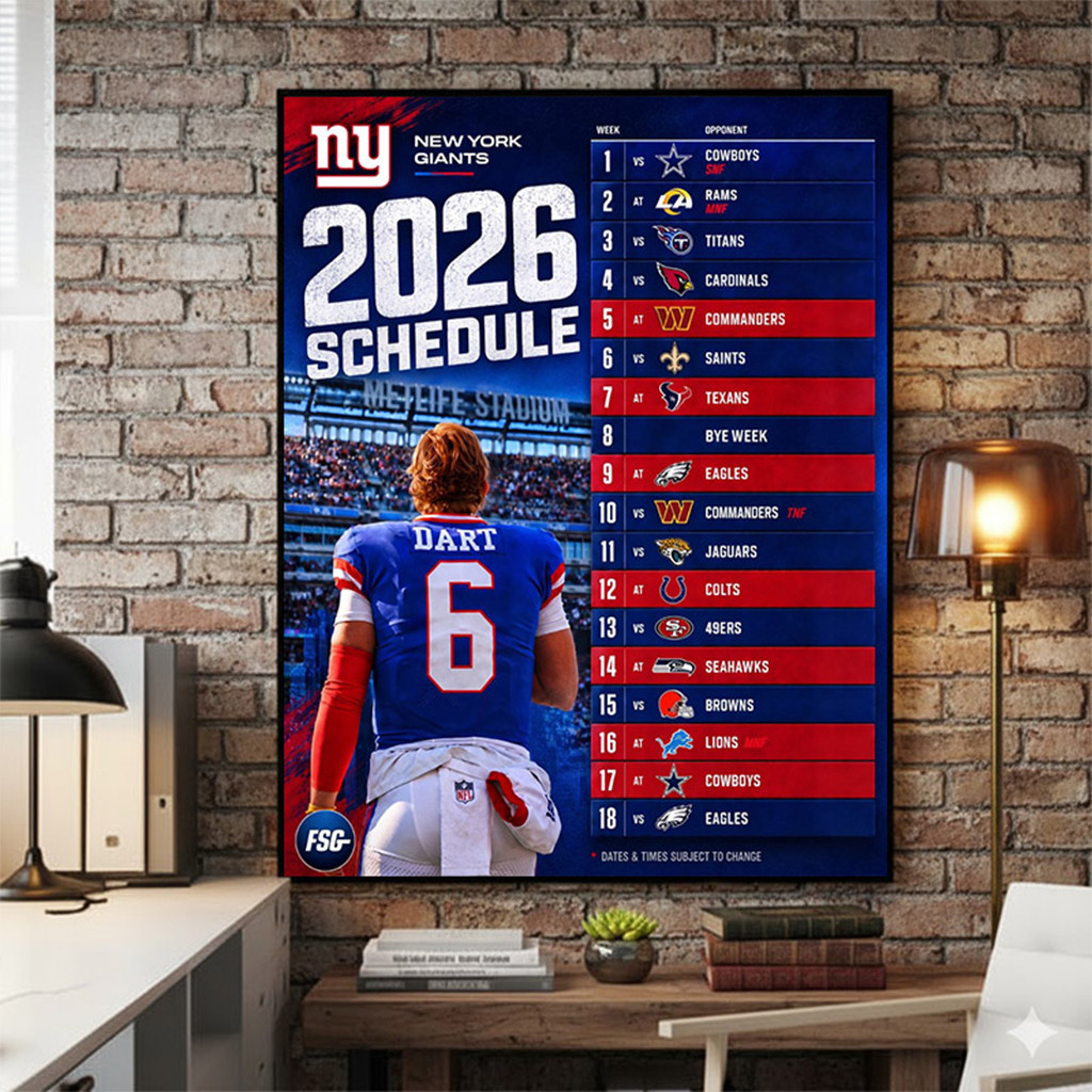 New York Giants Season 2026 Schedule Poster Home Decor NY Giants Merch Gifts For Football Fan