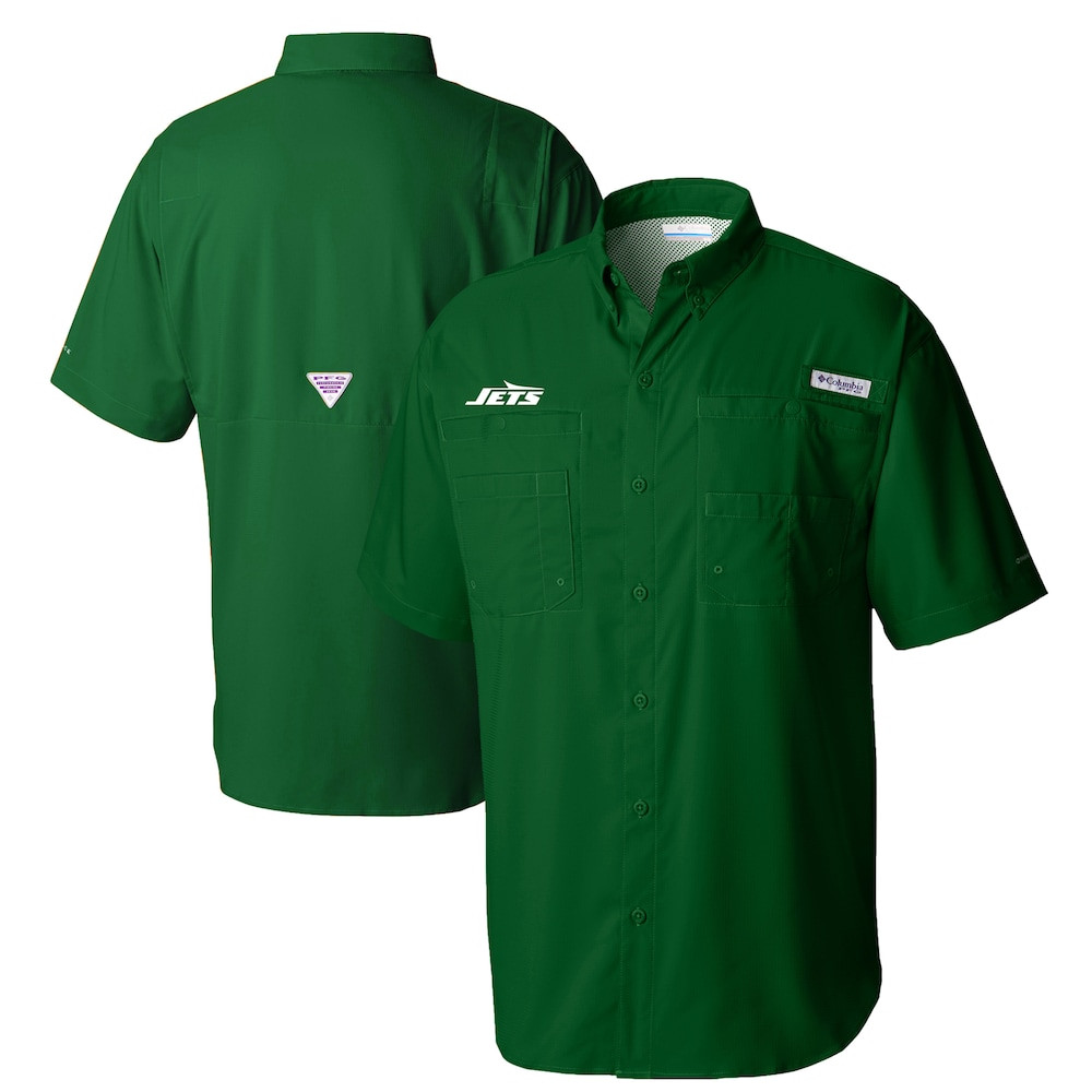 New York Jets Merch - Men's Columbia Tamiami Omni-Shade Button-Down Shirt, Green - Presents For Football Lovers
