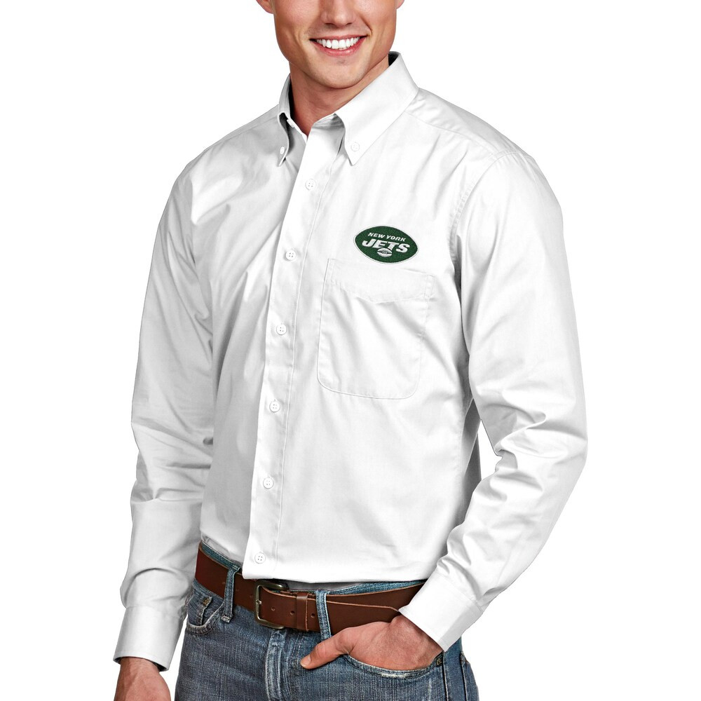 New York Jets Merch - Men's Dynasty Woven Long Sleeve Button-Down Logo Shirt, White - Antigua - Gift Ideas For Football Lovers