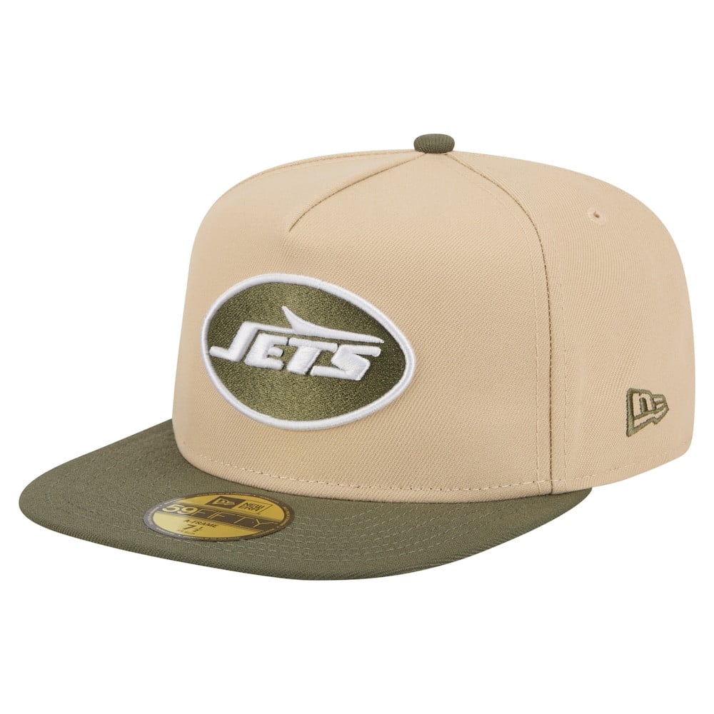 New York Jets Merch - Men's Light Beige Olive Color Pack A-Frame 59FIFTY Fitted Hat - New Era - Football Fan Gear