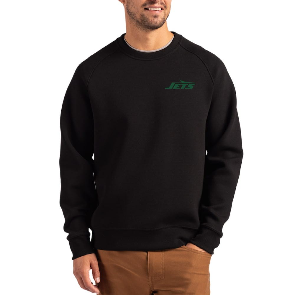 New York Jets Merch - Men's Primary Logo Roam Recycled Raglan Pullover Sweatshirt, Black - Cutter & Buck - Football Lover Presents