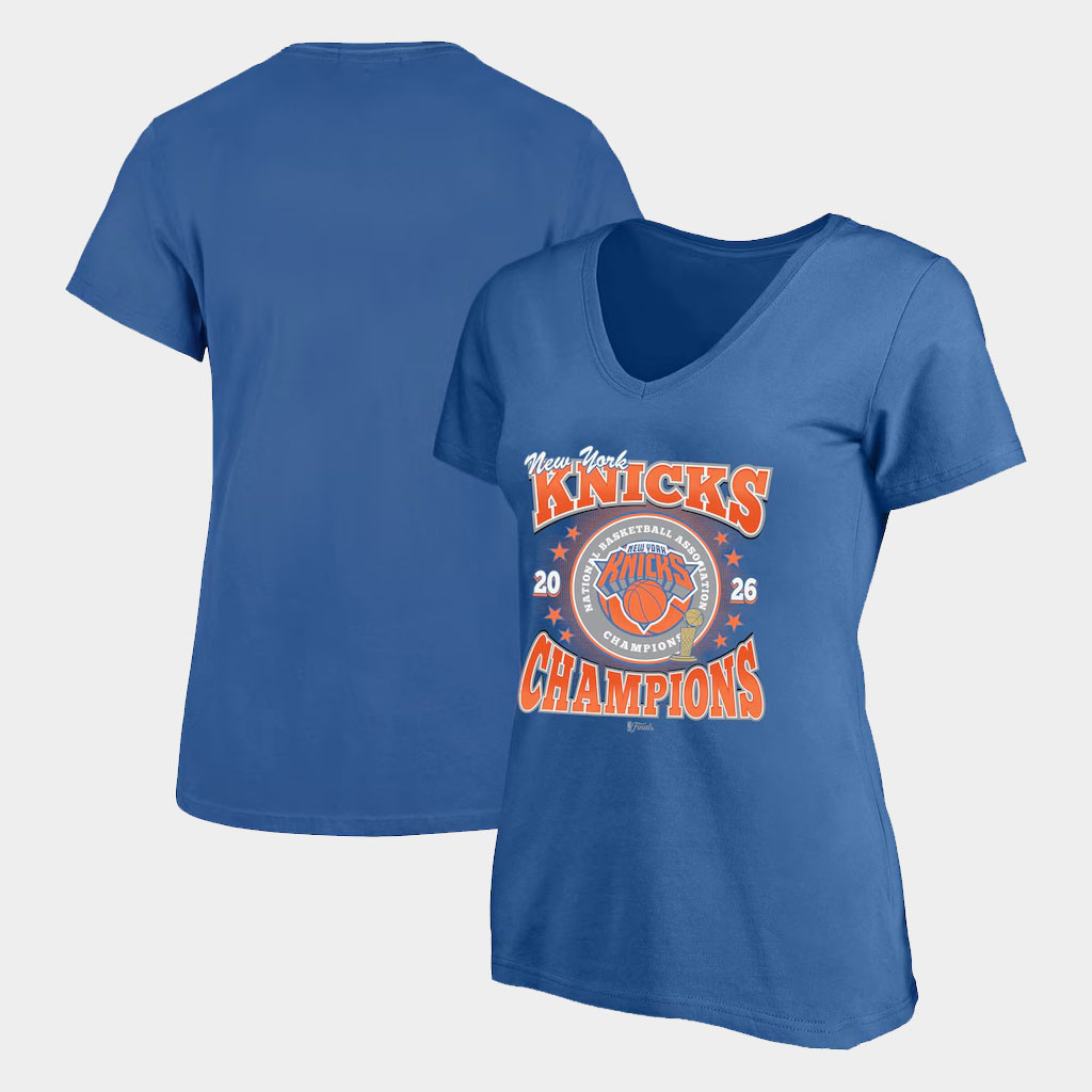 New York Knicks Champions Merch 2026 Knicks '47 Blue Finals Champions V-Neck T-Shirt Womens