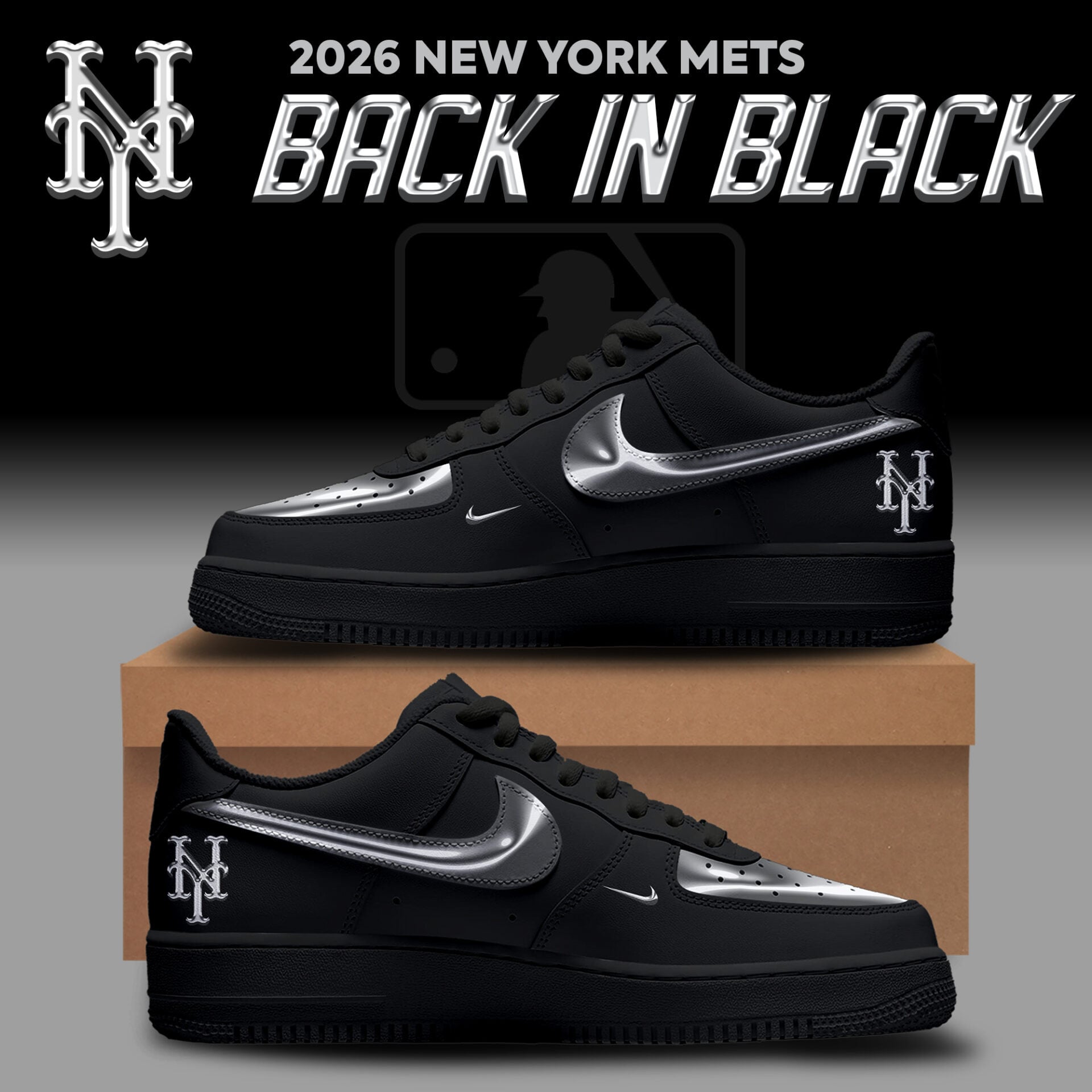 New York Mets Back In Black 2026 Shoes Sneakers Mets Merch Gifts For Baseball Lovers