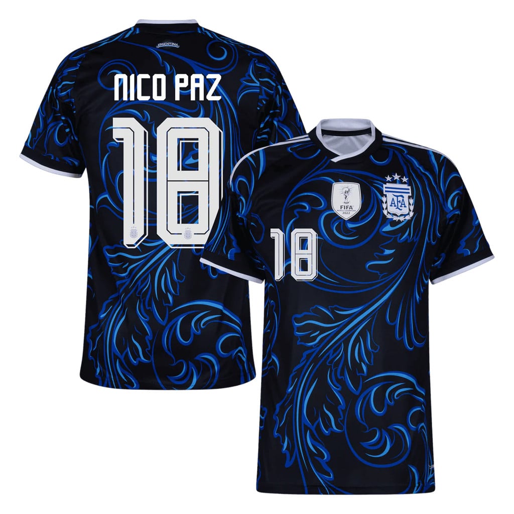 Nico Paz #18 Argentina Away Jersey Argentina World Cup 2026 Merch FIFA Game Day Apparel Men's
