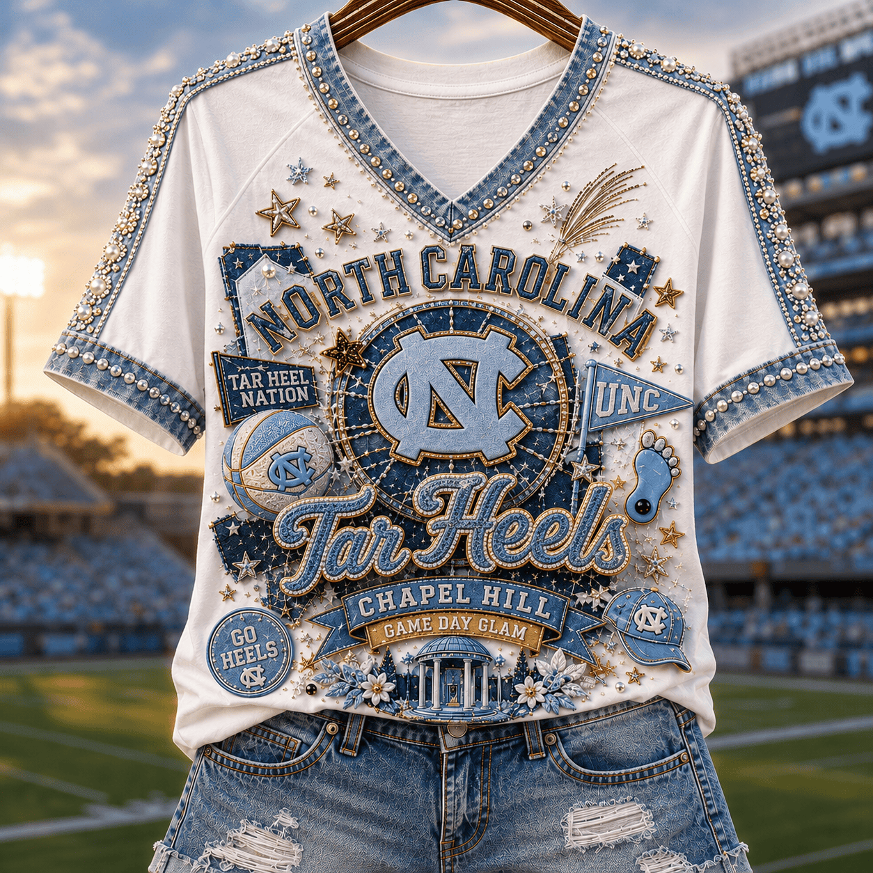North Carolina Tar Heels Merch 2026 Chapel Hill V-Neck Shirt Game Day Glam Gear Gift For Fans