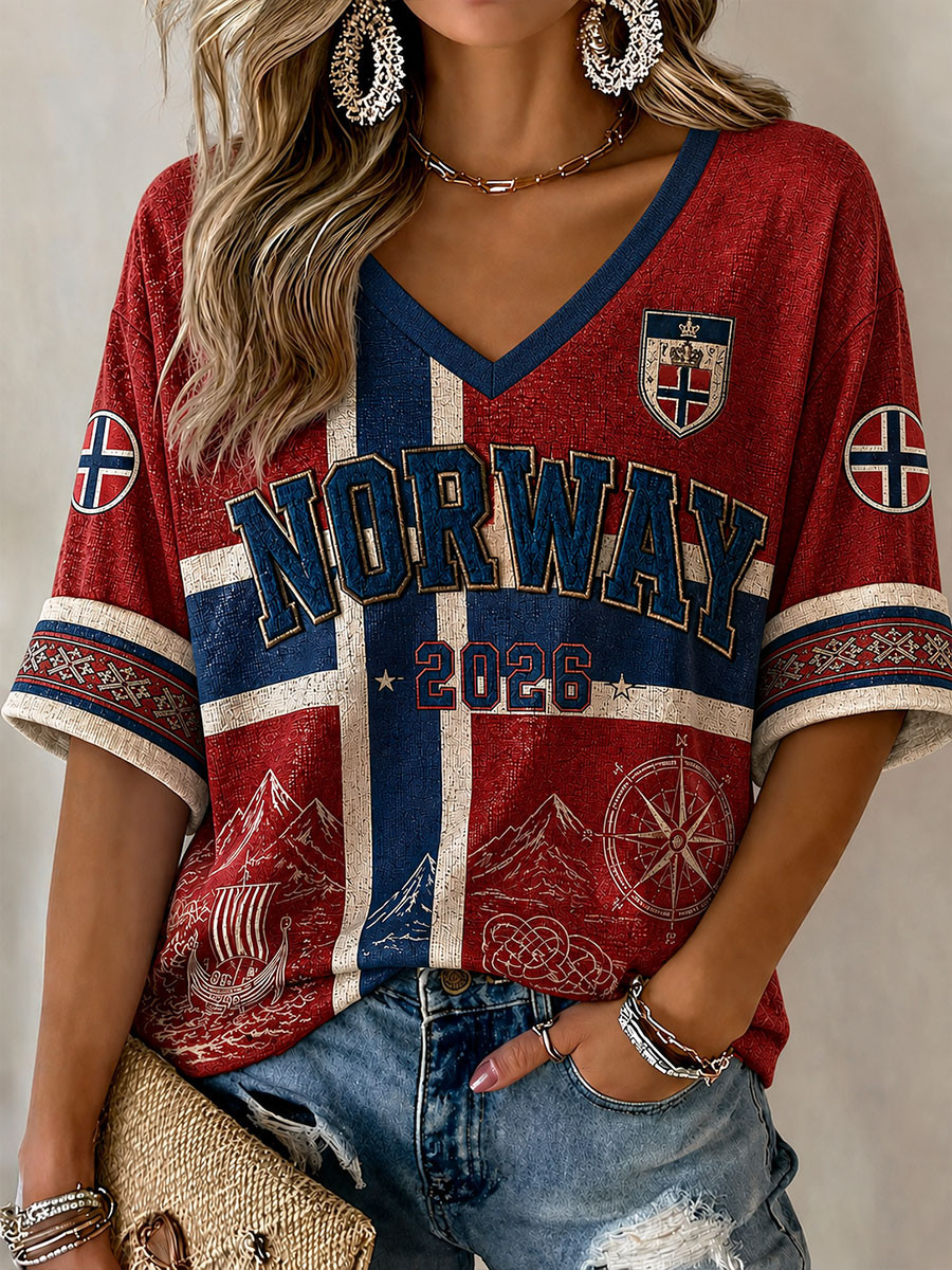 Norway FIFA World Cup 2026 Long Sleeve V-Neck Shirt Women's Gameday Outfits Football Fan Attire