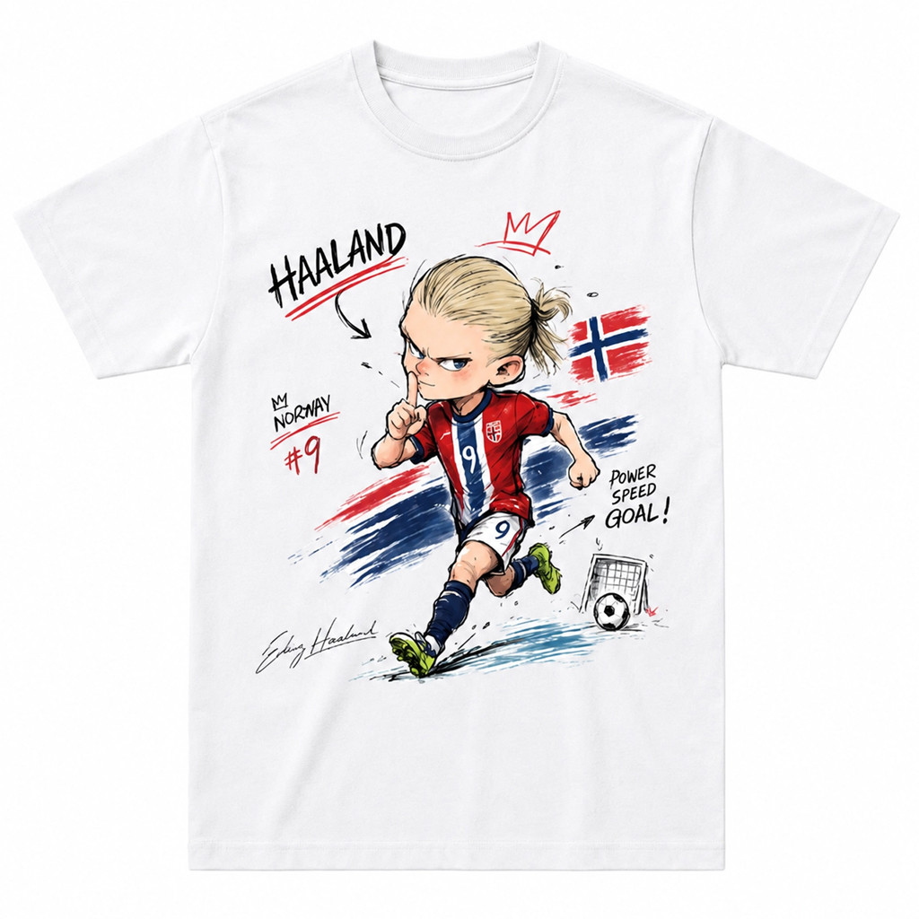 Norway World Cup 2026 Merch #9 Erling Haaland Norway Cartoon T-Shirt Erling Haaland Merch White