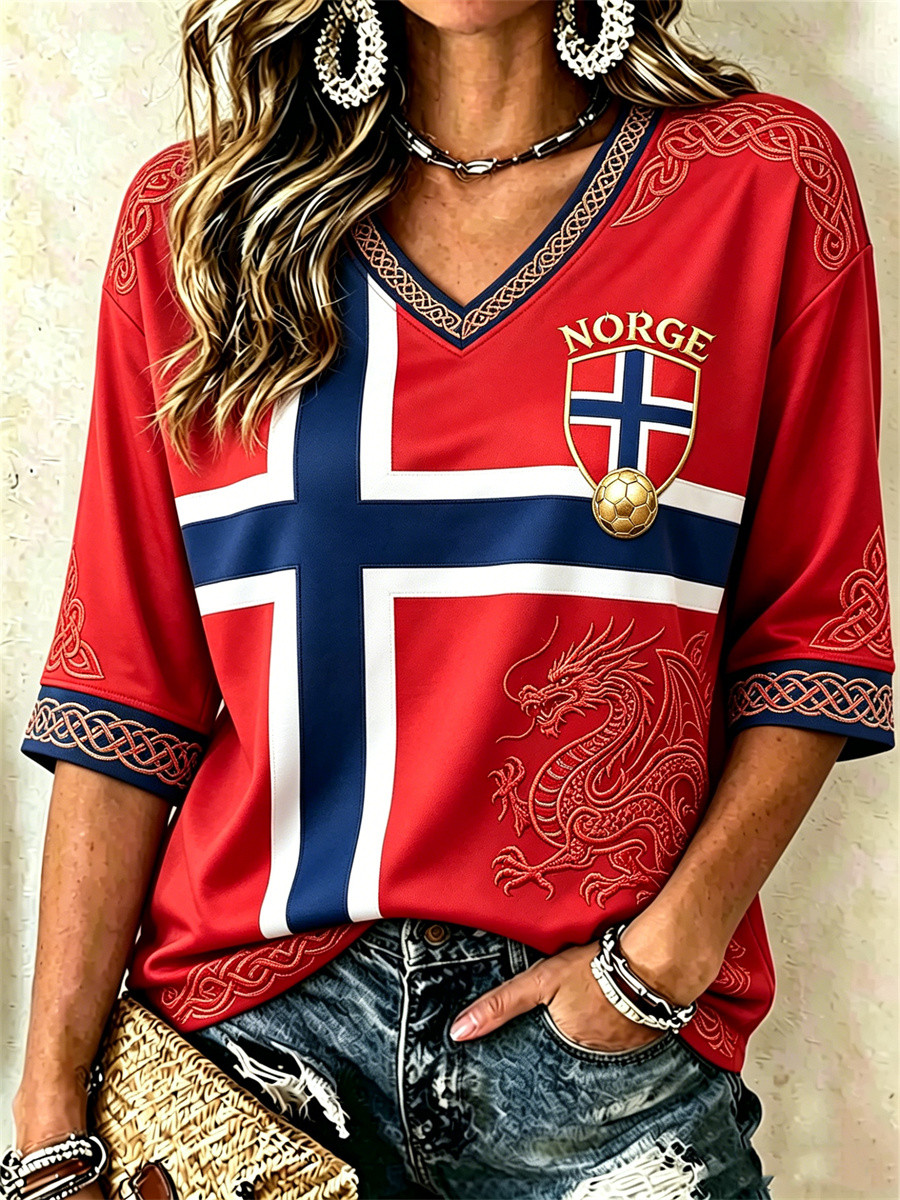 Norway World Cup 2026 V-Neck Shirt Viking Dragon Game Day Clothes Gift For Football Fans