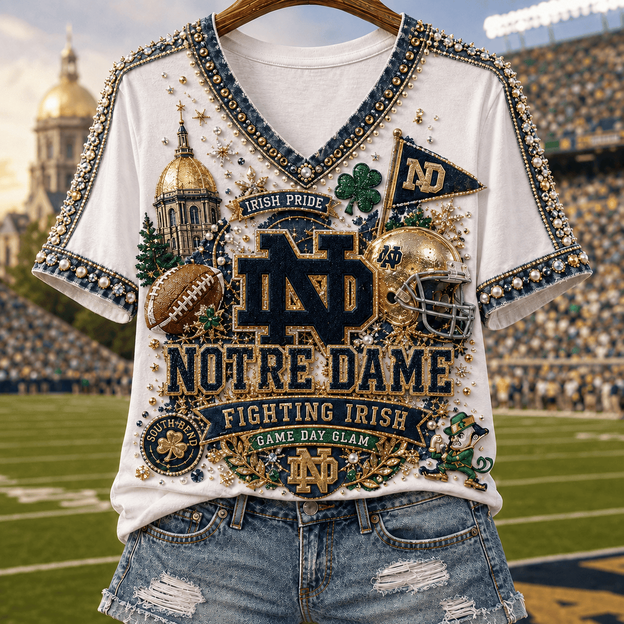 Notre Dame Fighting Irish Merch 2026 Game Day Glam V-Neck Shirt Gift For Football Lovers