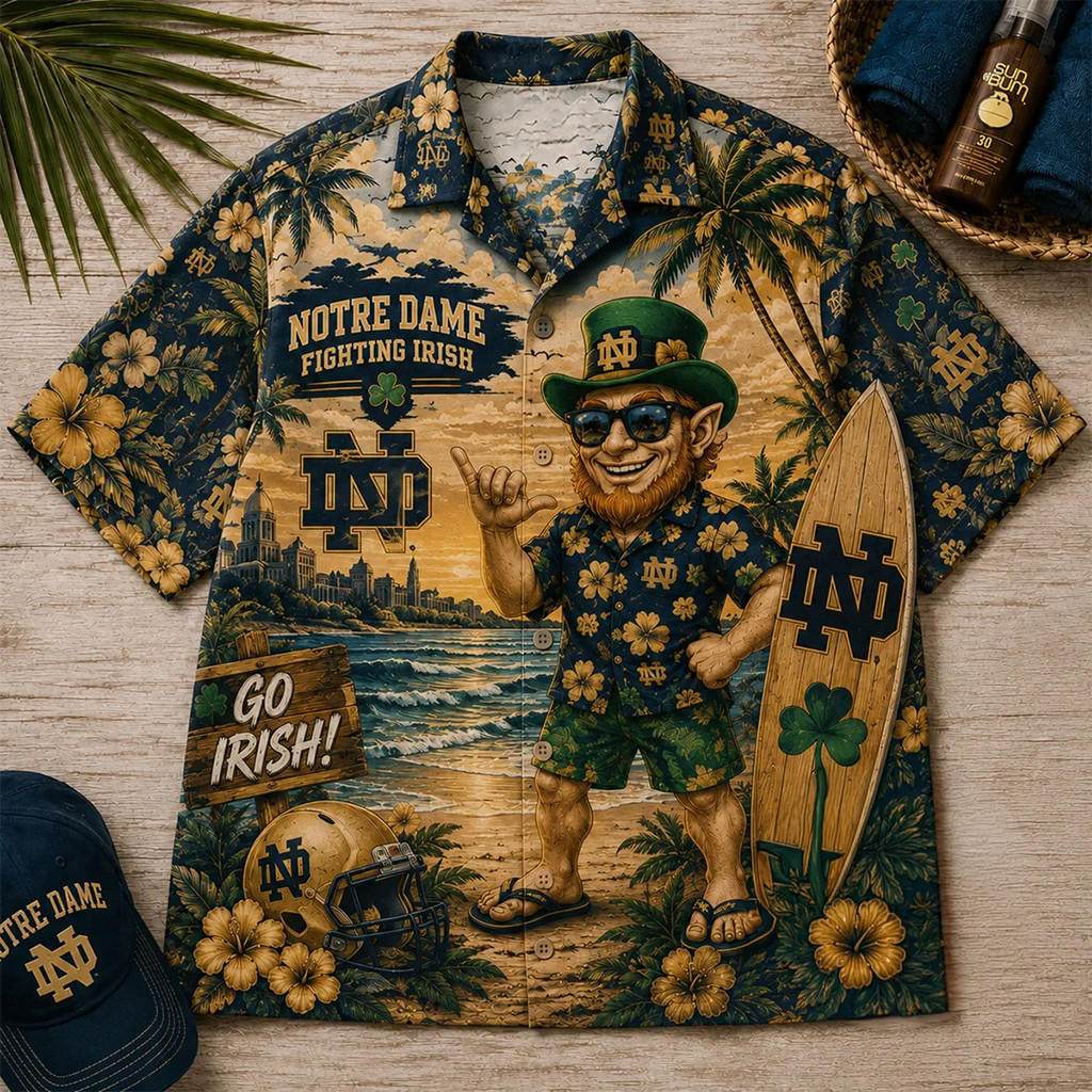 Notre Dame Fighting Irish Tropical Beach Leprechaun Hawaiian Shirt Notre Dame Football Merch