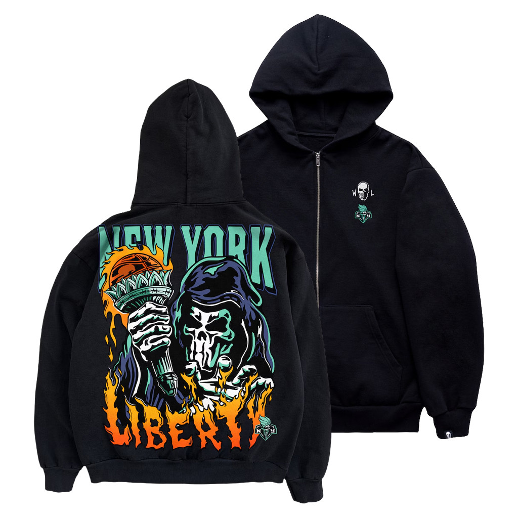 NY Liberty Merch Warren Lotas X Fanatics Fest Black New York Liberty Torch Zip Hoodie Fan Gifts
