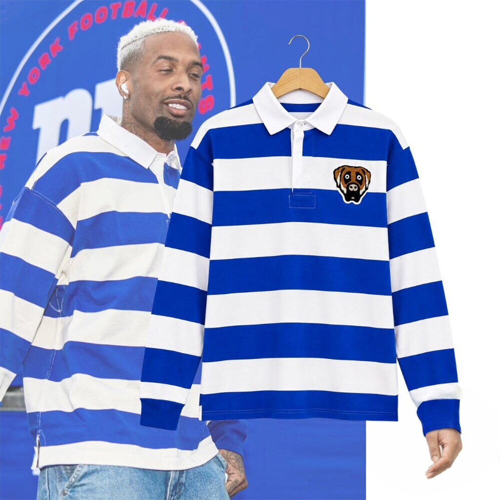 Odell Beckham Jr Victor Victor Worldwide Dog Logo Blue White Striped Long Sleeve Polo Shirt