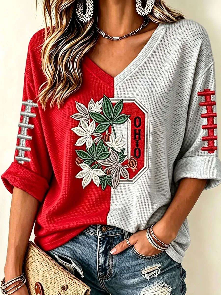 Ohio State Buckeyes Merch Game Day Football Long Sleeve V-Neck Shirt Gifts For Buckeyes Moms
