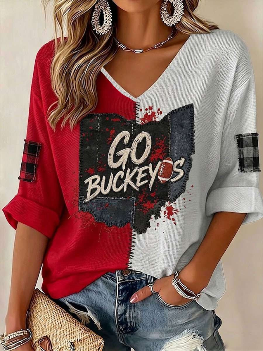Ohio State Buckeyes Merch Go Buckeys Ohio State Football Long Sleeve V-Neck Shirt Game Day Gifts