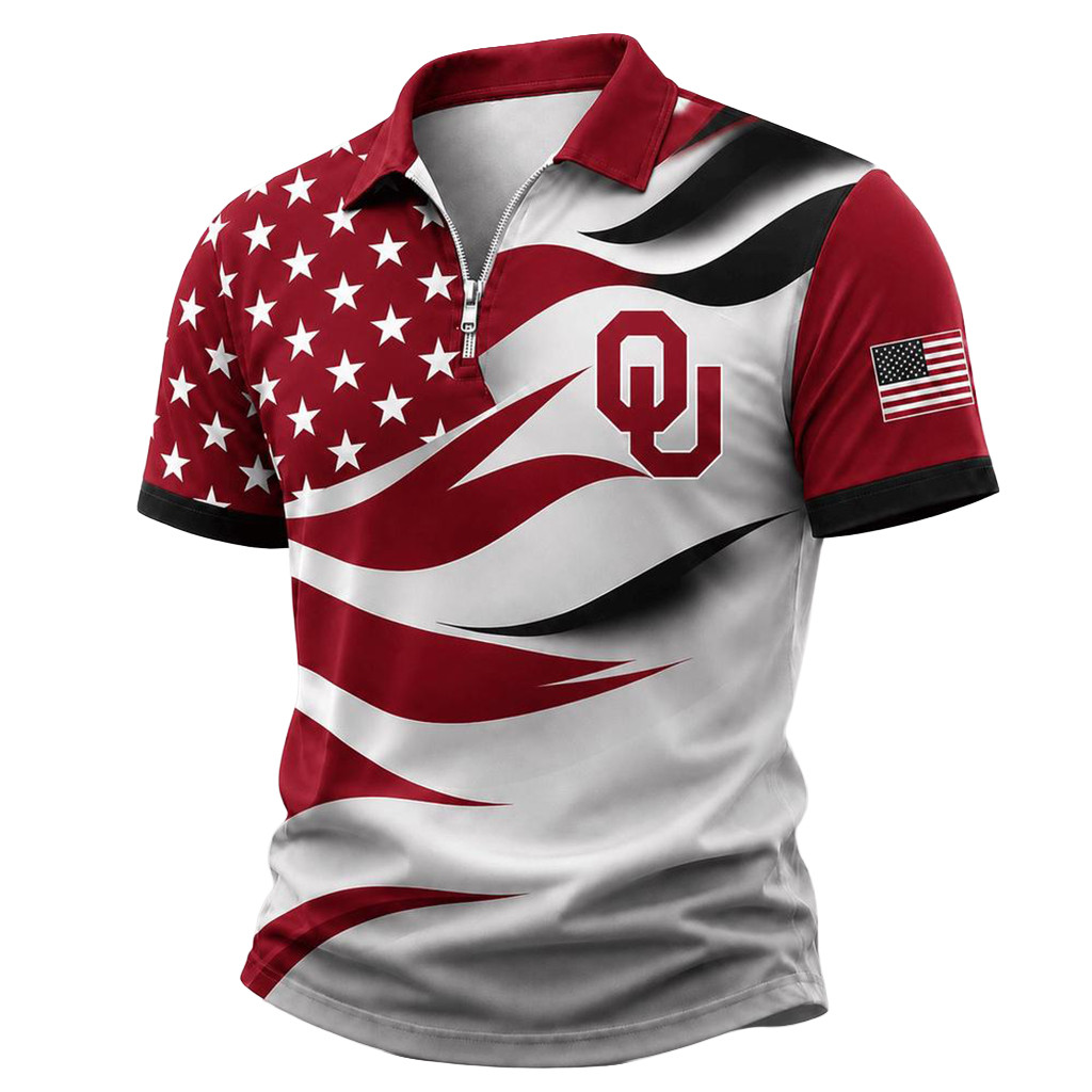Oklahoma Sooners 2026 Freedom Wave Zipper Polo Shirt USA Flag Oklahoma Sooners Merch Fan Gifts