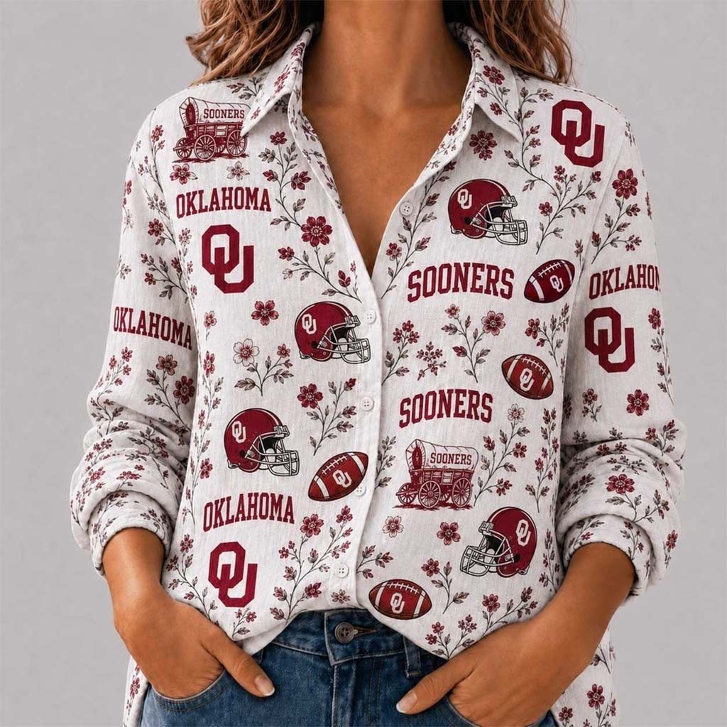 Oklahoma Sooners College Spirit Blossoms Long Sleeve Button Up Shirt Sooners Merch Women