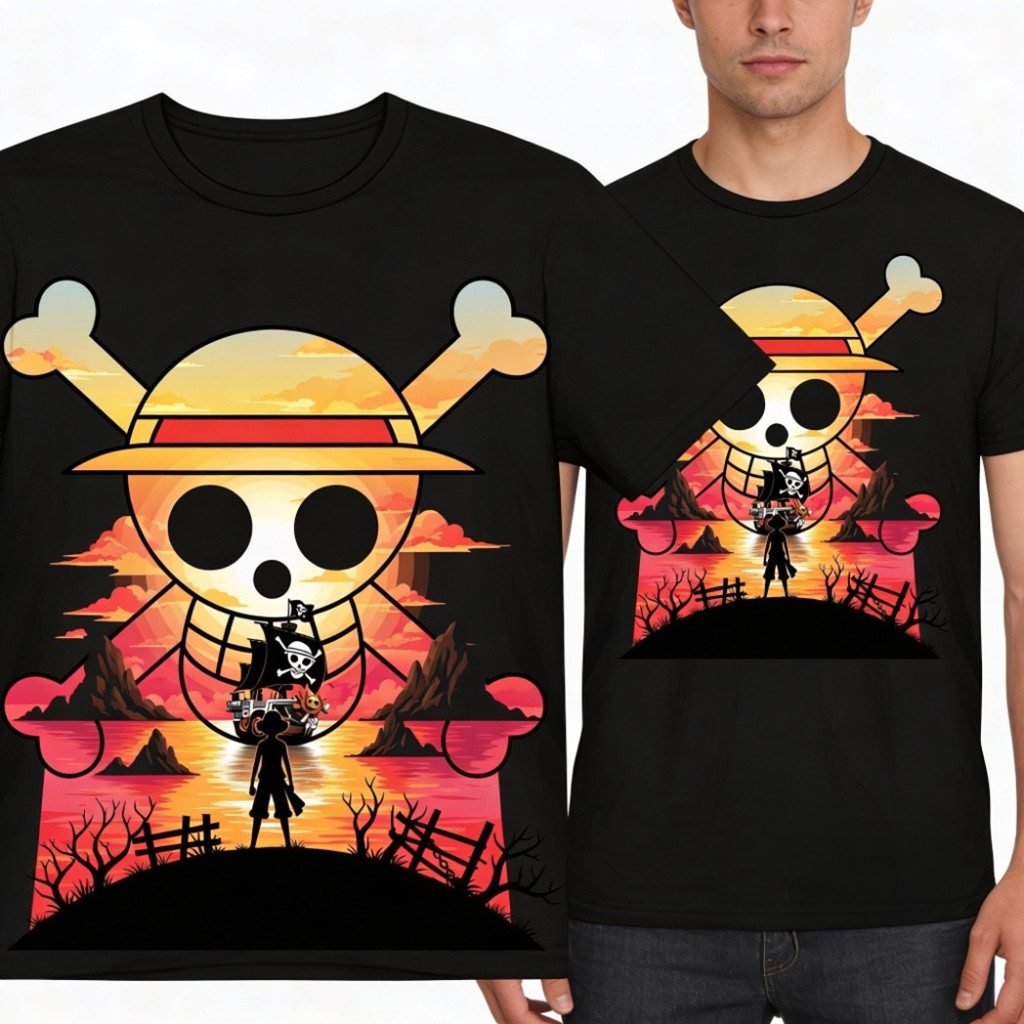 One Piece Luffy Thousand Sunny Sunset Silhouette Anime T-Shirt One Piece Merch Gifts For Dad