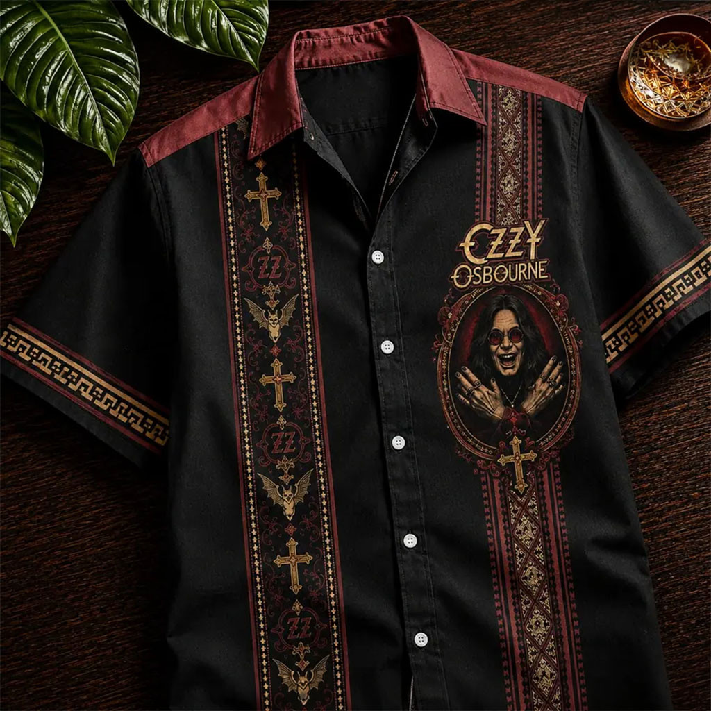 Ozzy Osbourne Prince of Darkness Bat Cross Hawaiian Shirt Ozzy Osbourne Merch Him Gifts
